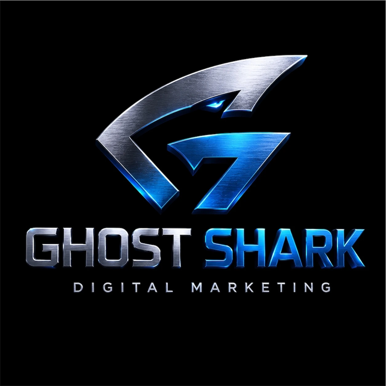 Ghost Shark Digital Marketing logo featuring a metallic silver and blue stylized G emblem resembling a shark fin, with bold brushed-metal lettering below on a black background
